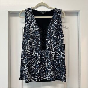 AZI New York Leopard Zebra Print Laced Front Sleeveless Blouse Tank Top Size L